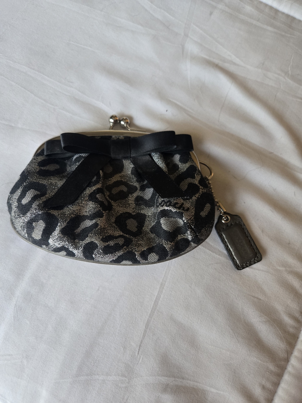 Coach Silver and Black Leopard-Print Kiss-Lock Coin Purse with Bow